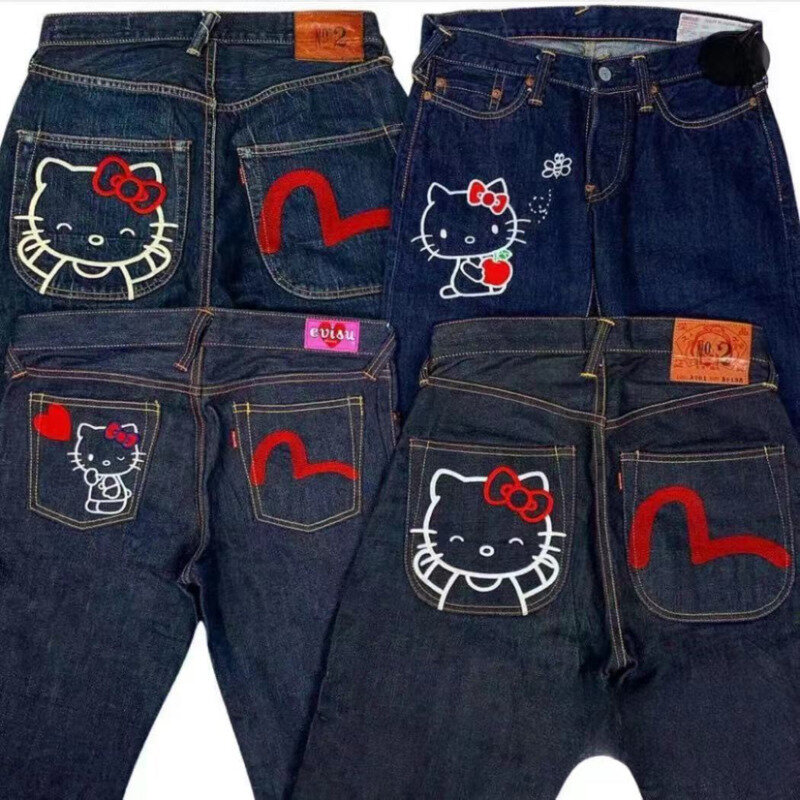 Modne jeansy Evisus dla kobiet Cartoon Sanrio nadruk Hello Kitty spodnie dżinsowe Vintage Hip Hop proste spodnie Streetwear