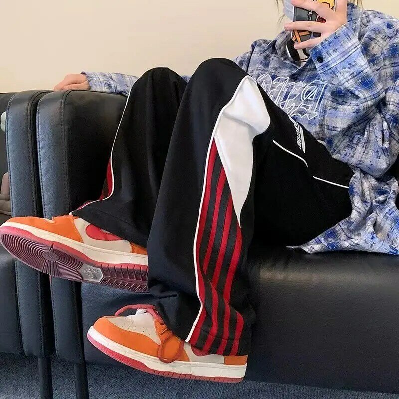 Spring Autumn New Trousers Men's Contrast Color High Waist Elastic Drawstring Loose Casual Young Style Letter Straight Pants