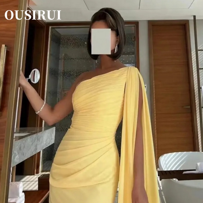 Ousirui-女性のための非対称の裸の肩のイブニングドレス,フォーマルなウエディングドレス,地面の長さ,人魚,黄色,シフォンのプロム,特別なパーティー