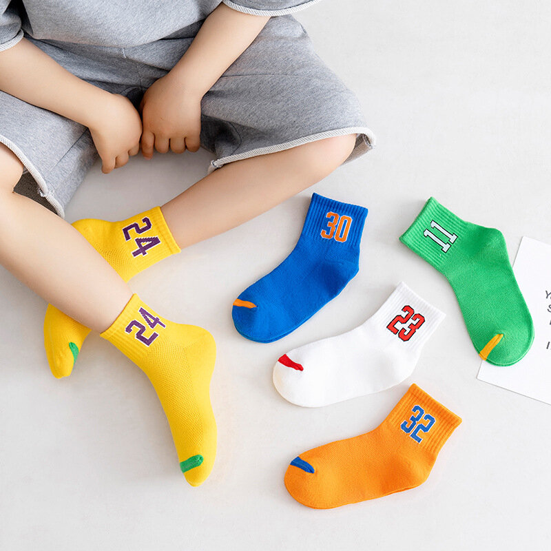 Летние новые детские носки 2022, детские цифровые однотонные спортивные сетчатые носки-трубы для мальчиков и девочек