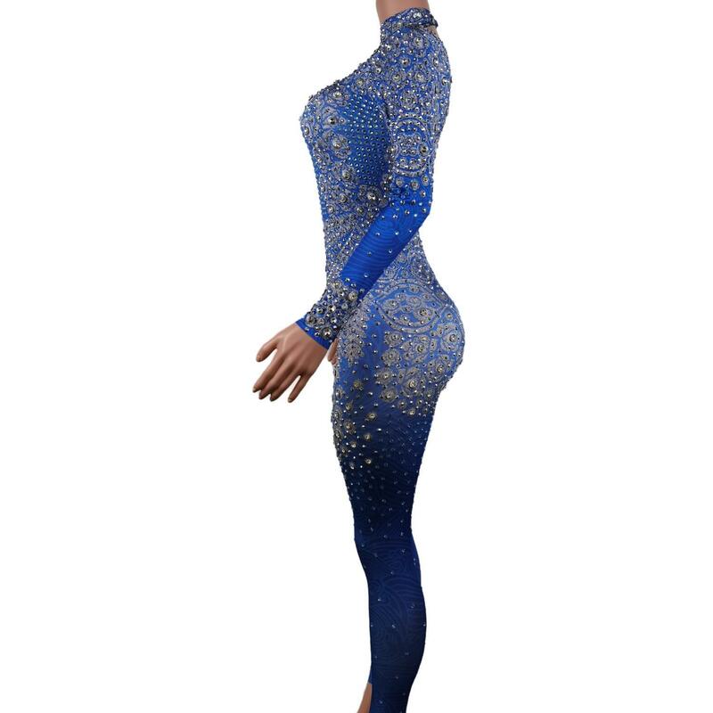 Jumpsuit berlian buatan biru berkilau kostum melar wanita kostum panggung pesta ulang tahun klub pakaian spandeks yatelanisi