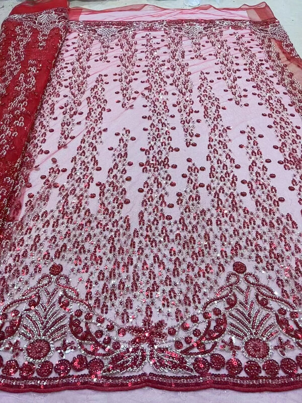 5 yard kain renda Afrika jaring Tulle renda manik-manik 2024 kain payet emas kualitas tinggi Nigeria untuk jahit gaun malam pernikahan