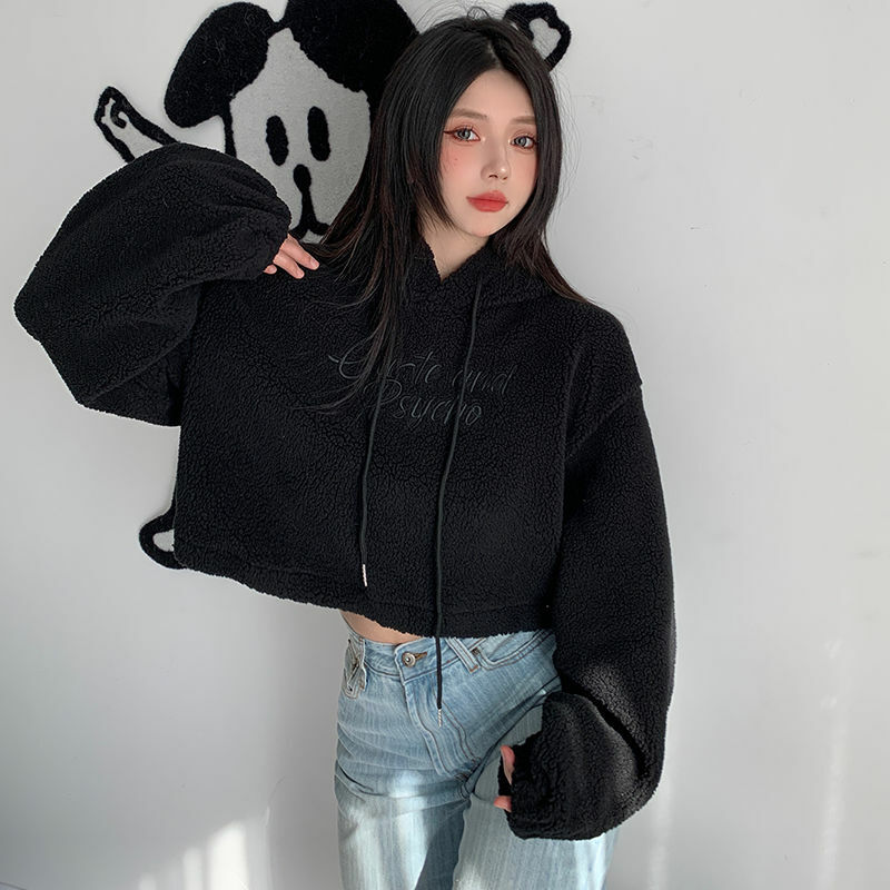 Letter Embroidered Drawstring Imitation Lamb Wool Long Sleeve Hooded Jumper With Loose Casual Blouses Women Autumn Winter New