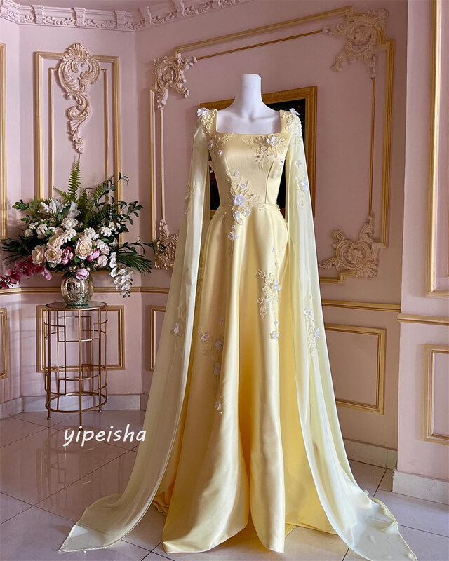 Satin Flower Draped Pleat Christmas A-line Square Collar Bespoke Occasion Gown Long Dresses