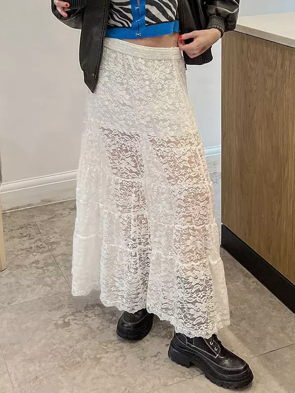 Falda Midi de encaje Grunge para mujer, media falda blanca, Maxi transparente, ropa de calle Vintage, Y2k
