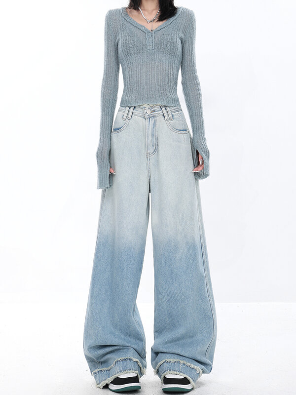 Damskie gradientowe jasnoniebieskie letnie cienkie dżinsy w stylu ulicznym w stylu Vintage proste spodnie na co dzień szykowny Design szerokie nogawki