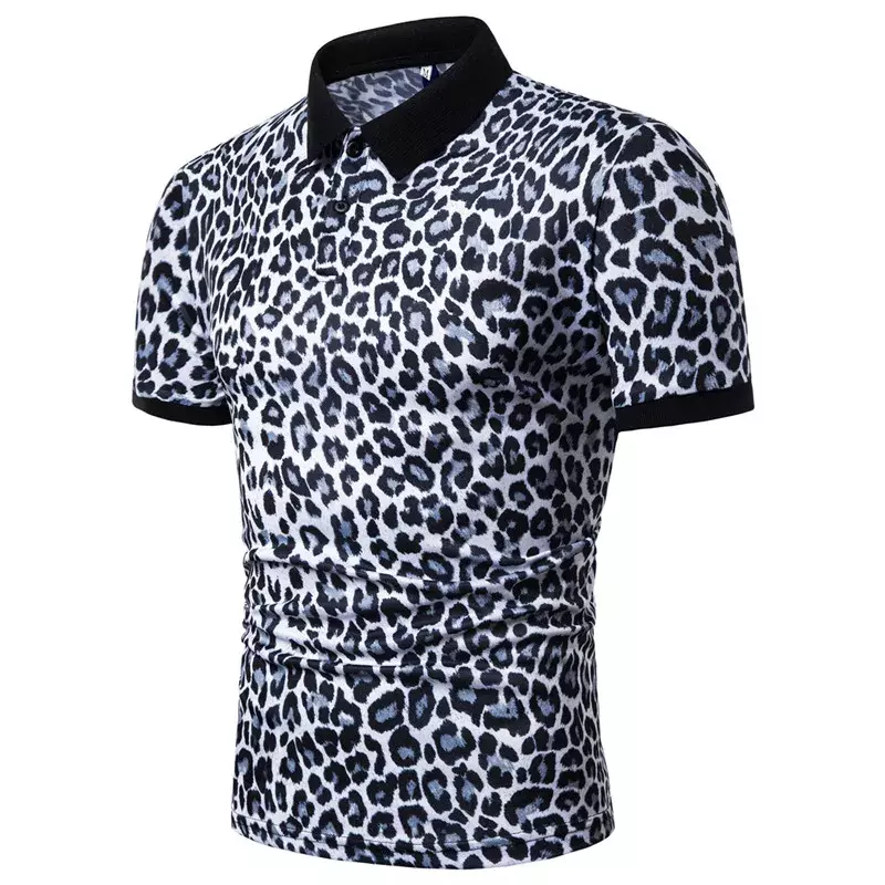 Camisa de solapa de manga corta con estampado de leopardo para hombre, Tops cómodos elásticos, personalidad de moda clásica, verano, nuevo