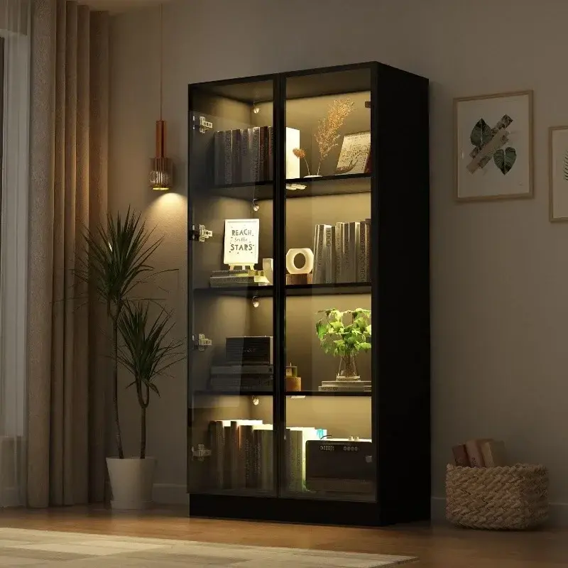 Display Cabinet with Glass Doors and Lights, 4-Tier Storage Shelves, Pop-up Design, Trophy Case Display Cabinet for Collectibles
