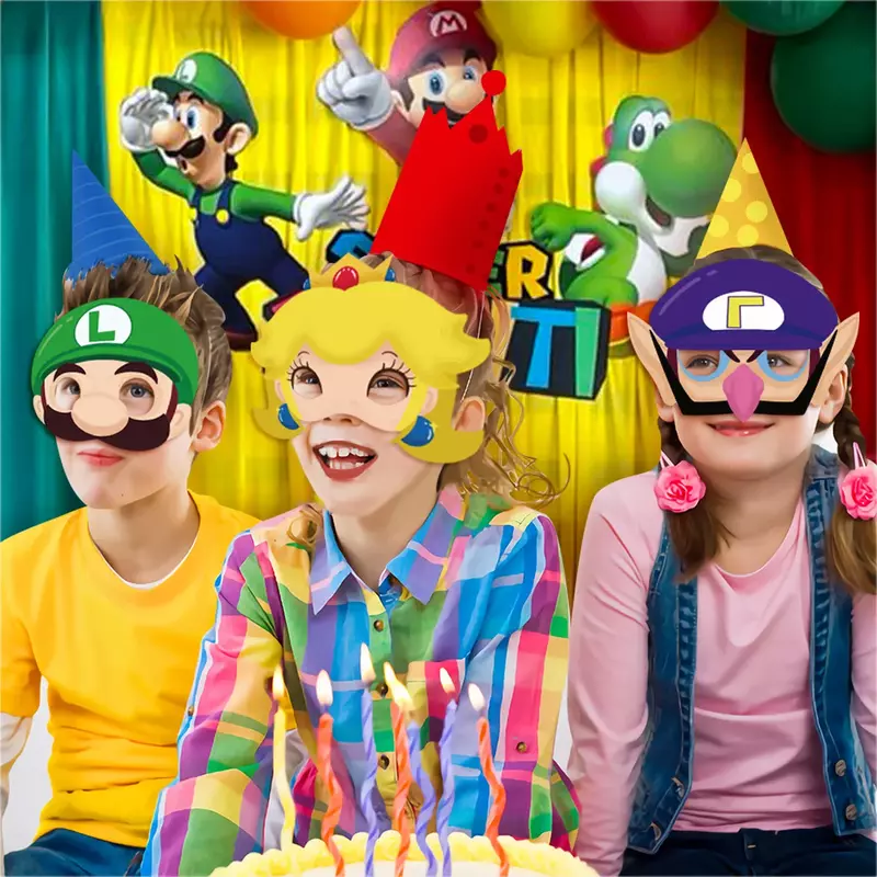 12 buah topeng setengah wajah pesta tema Super Mario dekorasi properti Cosplay ulang tahun anak-anak topeng kertas fotografi bola rias