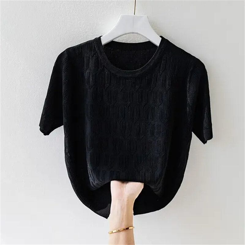 2024 Women Summer New Pullover Ice Silk Loose T Shirts Female Short Sleeve Knitted T-Shirt Ladies Solid Color Thin Sweater Tops