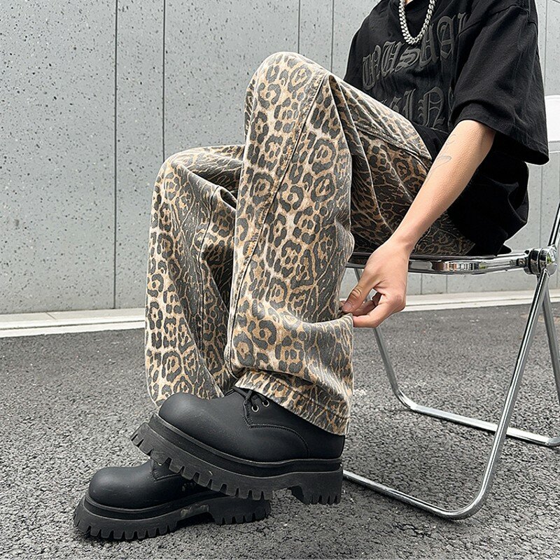Jeans jeans leopardo de rua masculina, calça reta longa, casual estilo coreano, streetwear hip-hop, qualidade