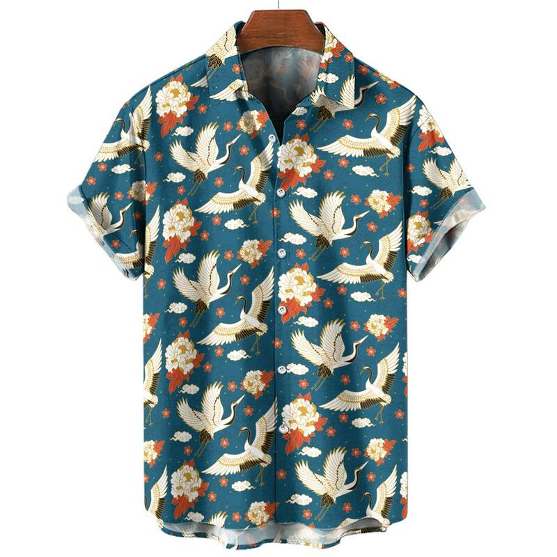 Moda koszula hawajska dla mężczyzn klapy na guziki koszule z krótkim rękawem lato odzież męska 3D zwierząt chiński żuraw bluza z nadrukiem