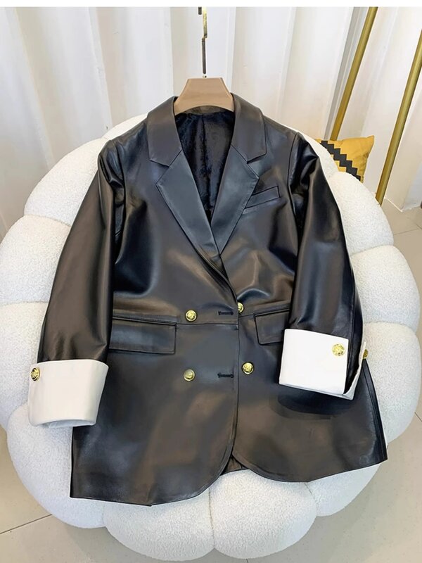 여성 하이 퀄리티 더블 브레스트 블레이저 재킷, 우아한 가죽 코트, 한국 스타일 패션, 2024 용수철