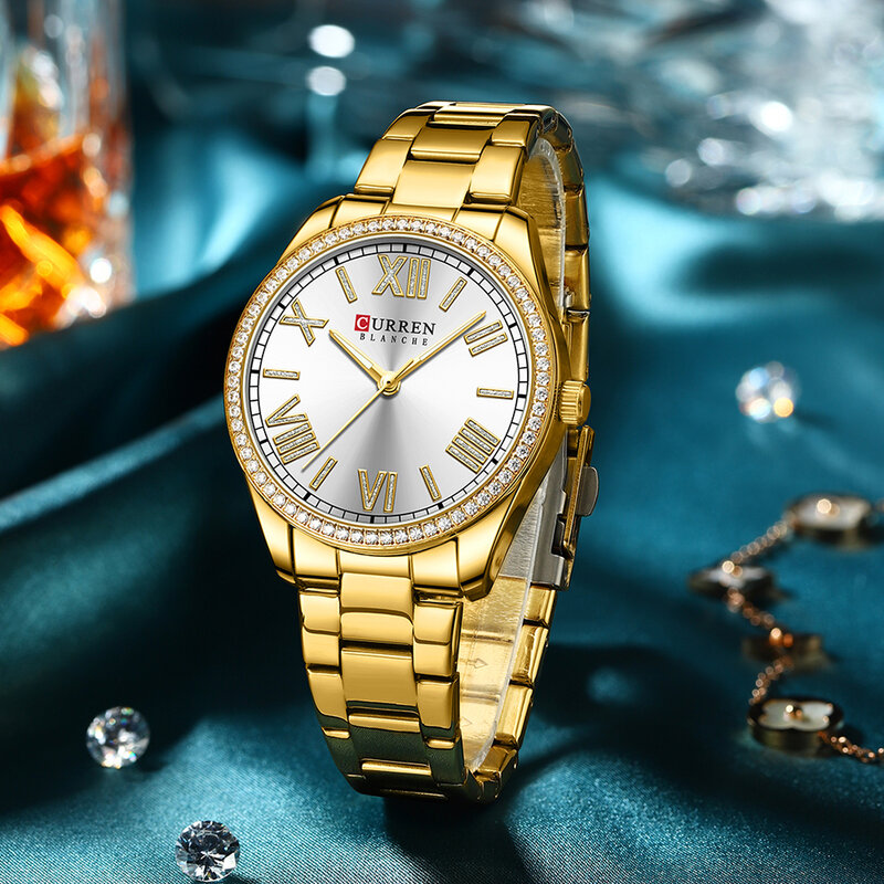 CURREN NEW Luxury Quartz Women's Bracelet Wristwatches with Rhinestone Dial Elegant Luminous Hands Stainless Steel Watches