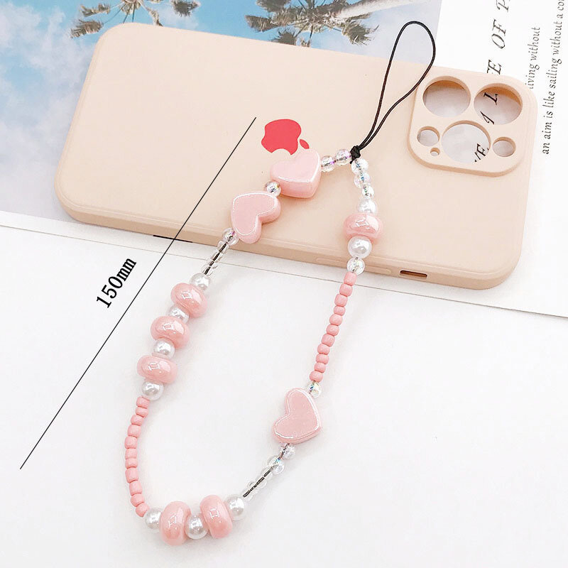 Catene del telefono della cinghia Mobile del cuore dolce per le donne catena di perle ciondolo del cellulare chiave di fascino gioielli con cordino Anti-perso