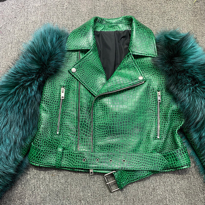 Lady Genuine Sheepskin Leather Jacket Crop Coat Splicing Fluffy Fur Sleeve Streetwear Short Coat Fashion 2023 Autumn Winter 7862