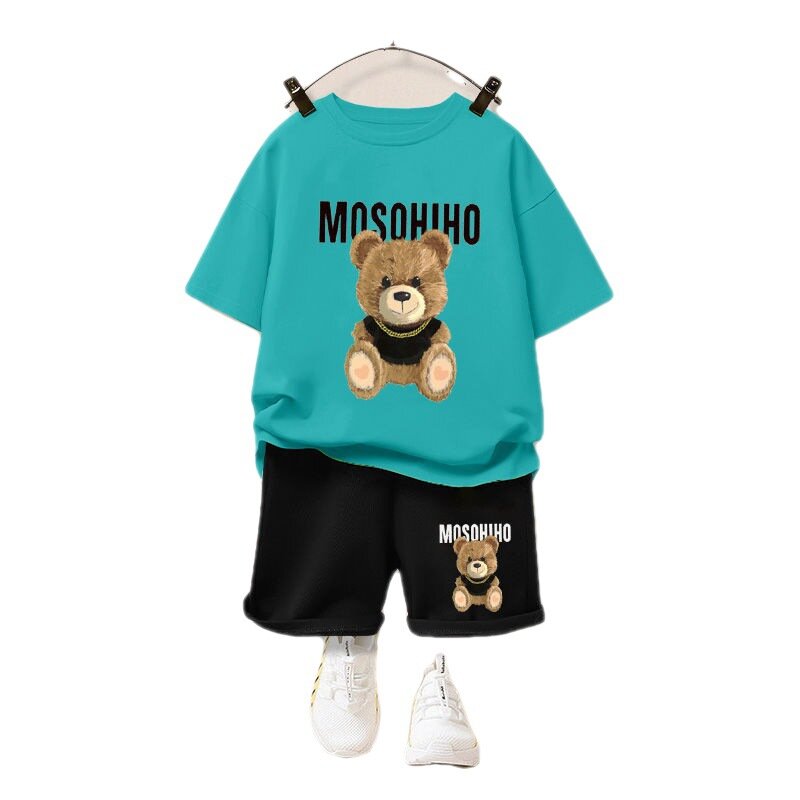 Летняя одежда для маленьких девочек, детские футболки и шорты с мультяшным медведем для мальчиков, Детский комплект из 2 предметов с топом с коротким рукавом и круглым вырезом и низом