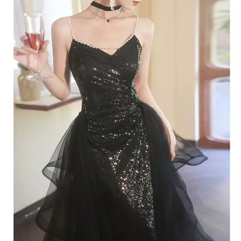 Women's Prom Dresses Slim Off The Shoulder Sleeveless Black Sequin Banquet Long Skirt Evening Party Dress for Women Vestidos