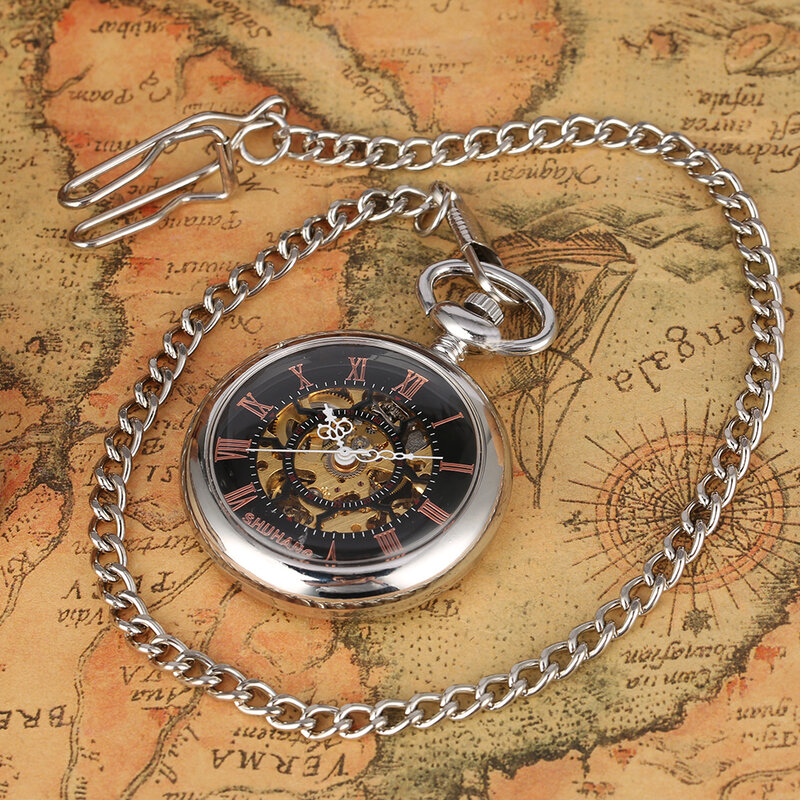 Rose Gold Roman Numerals Dial Elegant Mechanical Hand Winding Pocket Watch Polishing Silver Pendant Antique Stylish Pocket Clock
