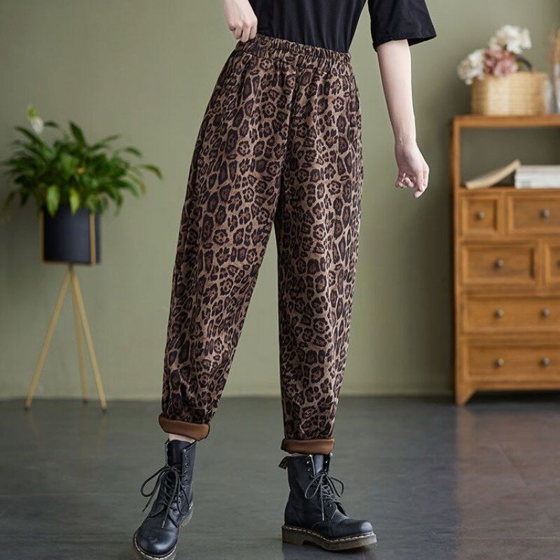 Extra-large Size 145KG Autumn New Harem Sweatpants Female Loose Elastic Waist Elastic Radish Casual Pantalones Leopard Trousers