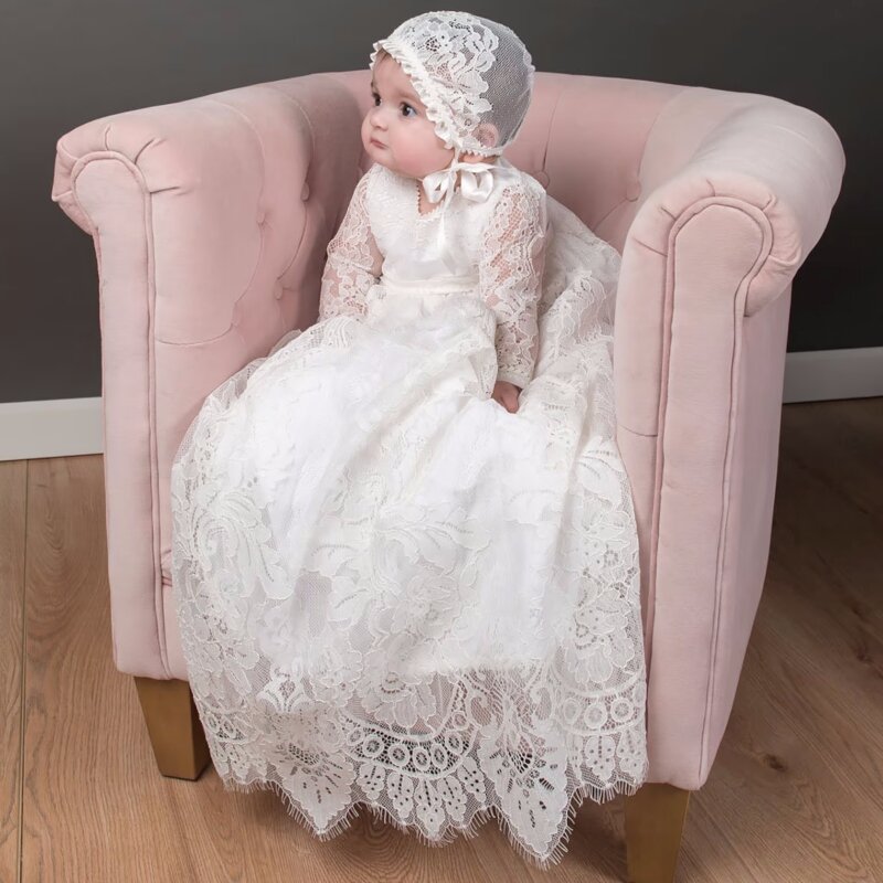 새틴 레이스 패턴 아플리케, 흰색 아기 원피스 꽃 소녀 드레스, 결혼식 생일 첫 성찬식 세례 가운, 긴 소매