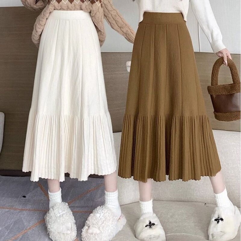 Pleated Knitted Dress Women's Autumn 2024 New A- line Mid-Length Umbrella Winter High Waist Skirt Fashion