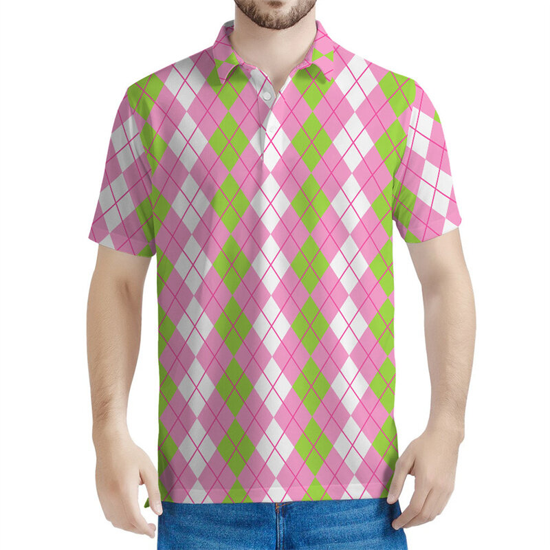 남성용 컬러풀 기하학 격자 무늬 폴로 셔츠, 3D 프린트 반팔, 캐주얼 티셔츠 상의, 라펠 티셔츠, 여름 스트리트