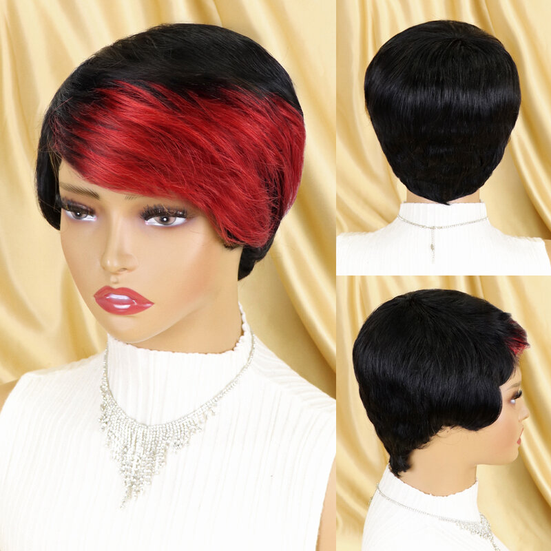 Wig Rambut Manusia Wig Penuh Pendek Lurus Potongan Pixie dengan Poni Perruque Cheveux Humain Wig Keriting Alami Murah untuk Wanita Kulit Hitam