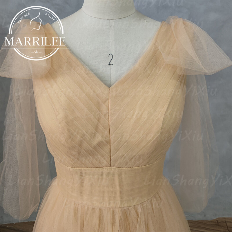 Marrilee Korea żółta sukienka na studniówkę wstążka z krótkim rękawem sesja zdjęciowa suknia ślubna z dekoltem w szpic szlafrok panny młodej spersonalizowane zamiatanie