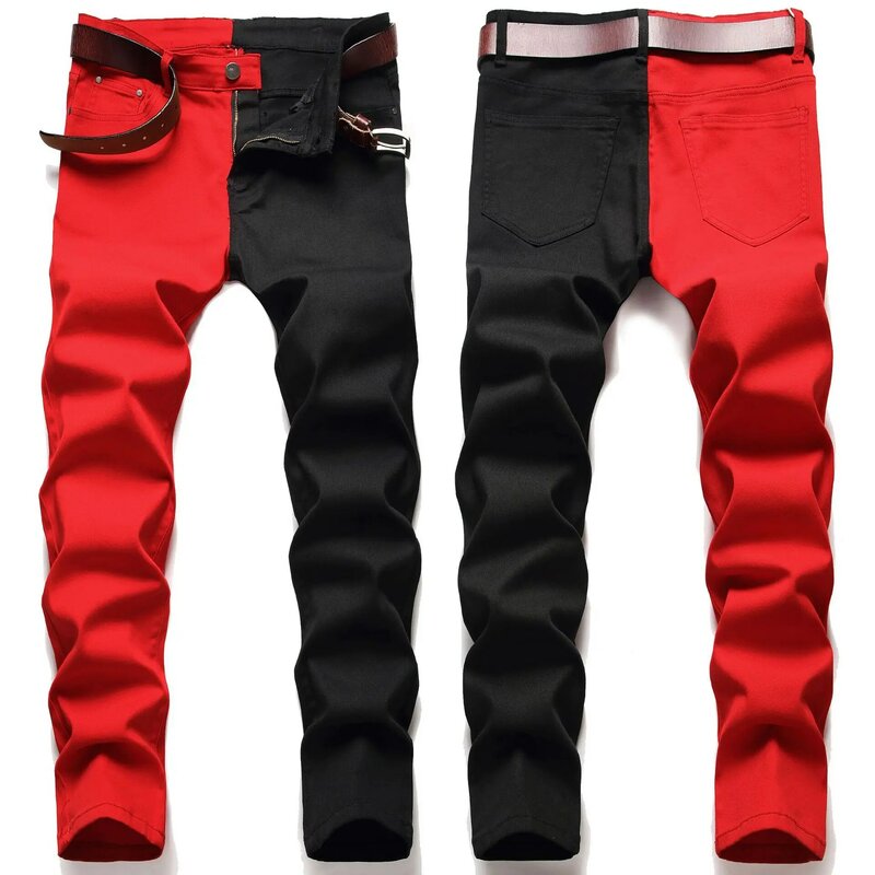 Męskie czarne czerwona patchworkowa spodnie dżinsowe Streetwear Hip Hop dżinsy z poszarpanymi dziurami moda Harajuku jeansowe spodnie Jean Pantalon Homme