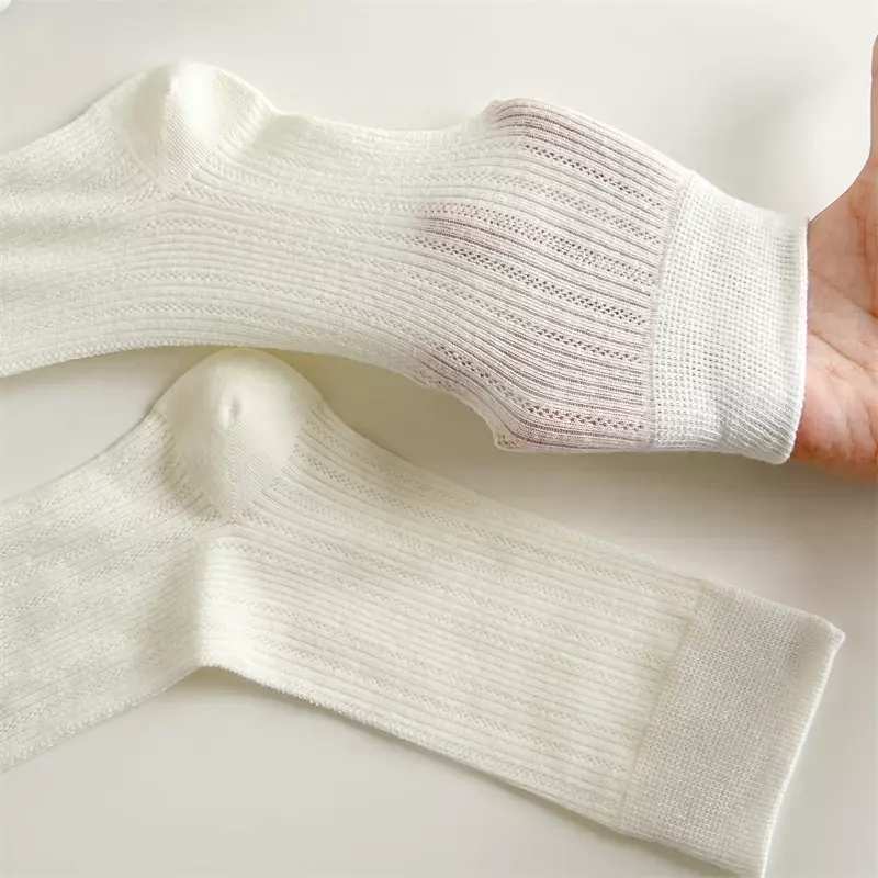 Conjunto de meias de malha oco para mulher, liso, solto, casual, branco, longo, fino, simples, macio, cor sólida, novo, primavera, verão, 5 pares