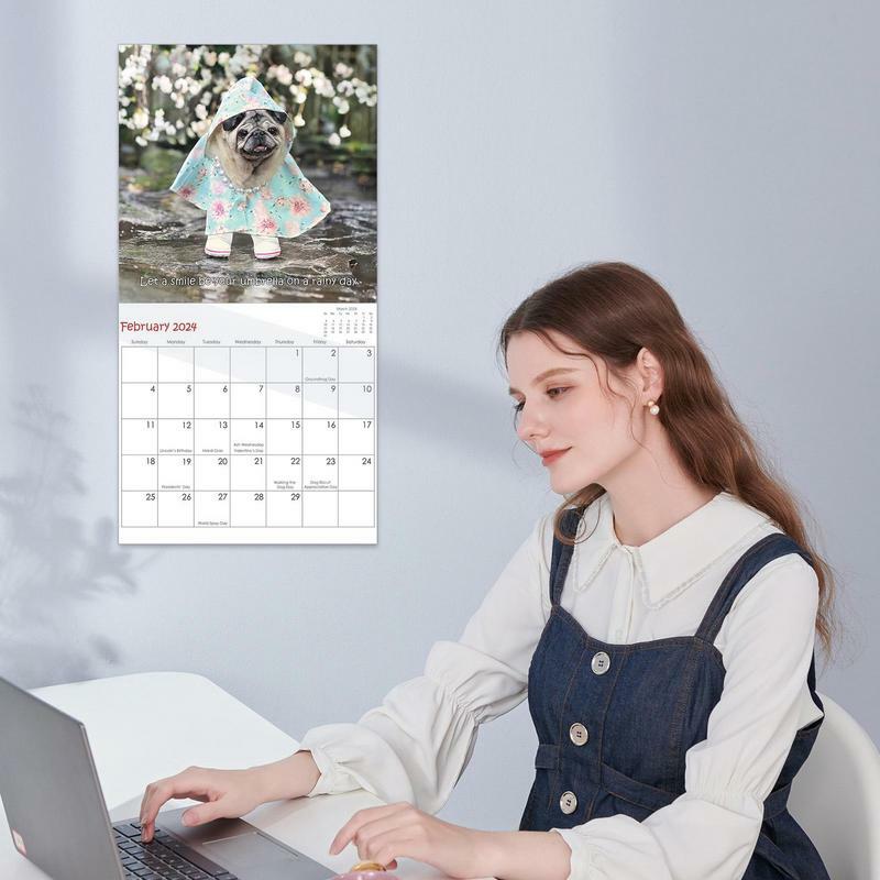 Calendario de pared mensual Pug, planificador familiar y organizador diario, imágenes bonitas de animales, 2024