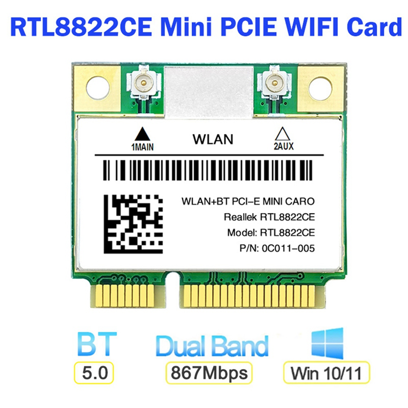 Mini Placa de Rede WiFi, 1200Mbps, 2.4G, 5Ghz, 802.11AC, PCIe, Bluetooth 5.0, Suporte Portátil, PC, Windows 10, 11, RTL8822CE