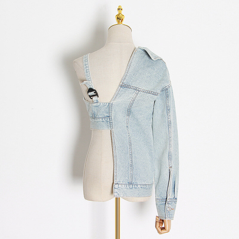 Fashionable Women's Asymmetrical Denim jacket Personalized Half Wrapped Chest Strap Top Retro Washed Light Blue Coat
