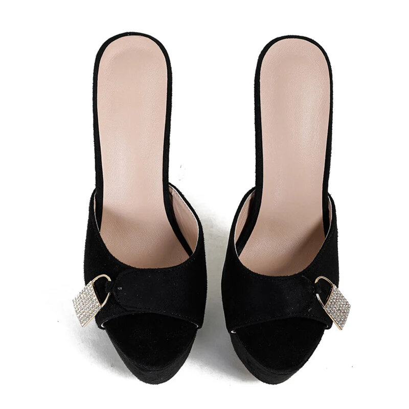 2024 Sandal Platform gesper logam seksi untuk wanita sandal hak tinggi Super tipis 16 CM sepatu Stripper pesta mode musim panas hitam