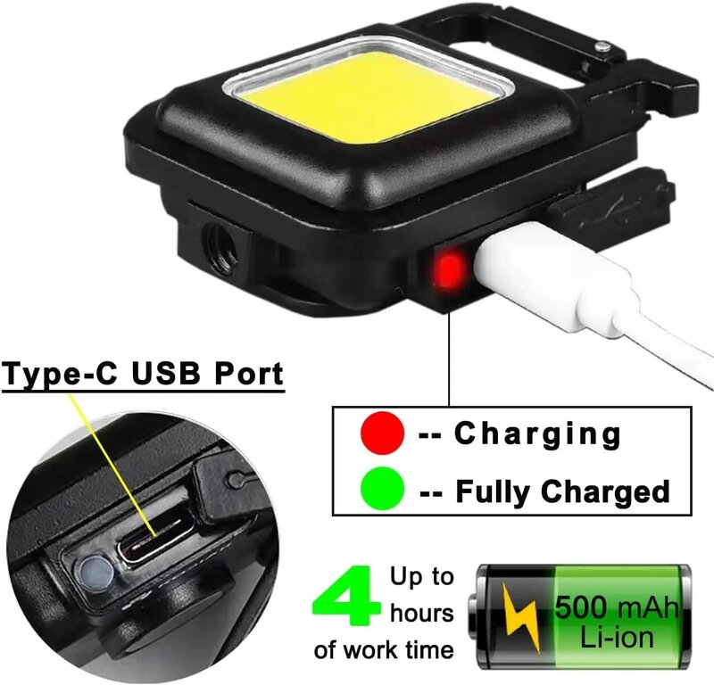 방수 COB LED 손전등 휴대용 캠핑 랜턴, USB 충전식 야외 비상 조명, 조절 가능한 브래킷 낚시 램프