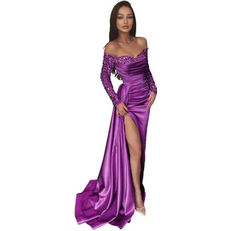 Gaun Prom payet tanpa bahu untuk wanita, gaun malam Formal Satin putri duyung lengan panjang belah untuk wanita