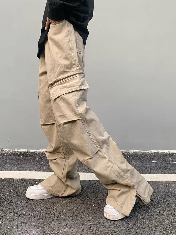 Jeans de carga baggy com zíper para homens e mulheres, calças largas retas, calças compridas para streetwear, roupas verdes, Cyber Y2K, 2024