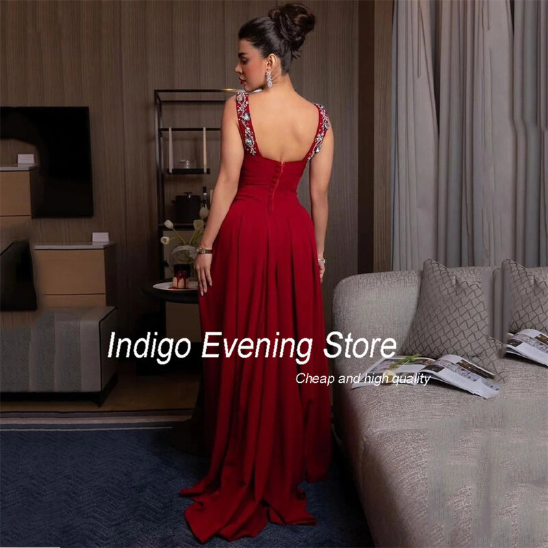 Indigo Prom Dresses 2024 Square Collar Spaghetti Straps Beading A-Line Pleat Open Back Satin Evening Gowns For Women فساتين الس
