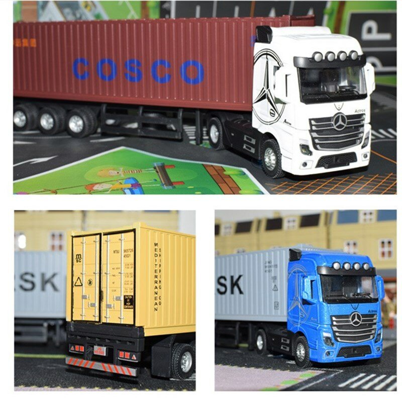 1/50 Grote Kinderen Container Truck Speelgoed Diecast Legering Materiaal Model Auto Met Pull Back Geluid Licht Transportvoertuig Jongen speelgoed