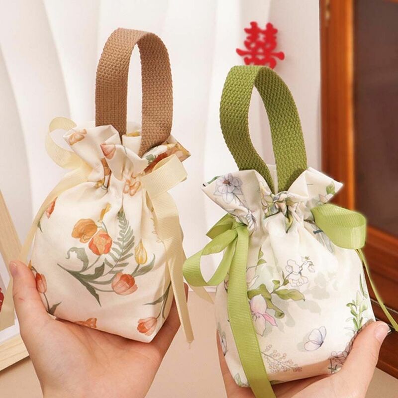 Floral Canvas Drawstring Bag Korean Style Large Capacity Small Flower Wrist Bag Storage Bag Jewerly Packing Bag Bowknot Handbag
