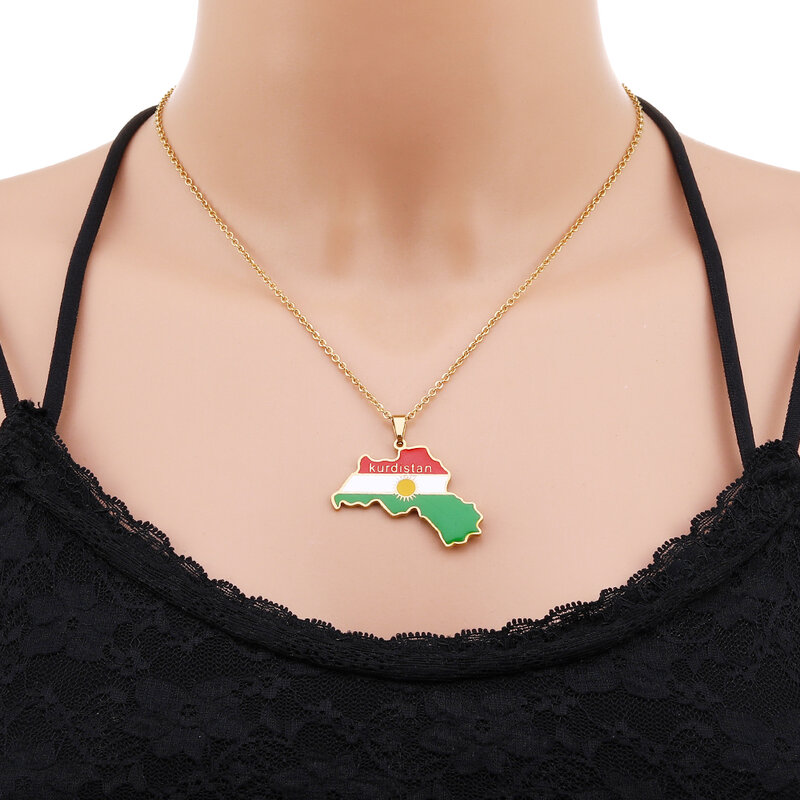 Colgante de bandera de mapa de Kurdistán para hombre y mujer, collar de acero inoxidable, Color dorado y plateado, regalo de joyería de mapa de país