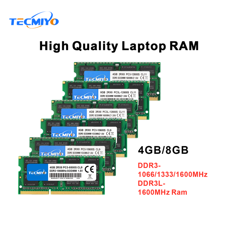 TECMIYO memori Laptop RAM DDR3 DDR3L, 4GB 8GB 1600MHz 1333MHz 1066MHz 1.35V/1.5V PC3/PC3L-12800S PC3-8500S PC3-10600S-1 buah hijau