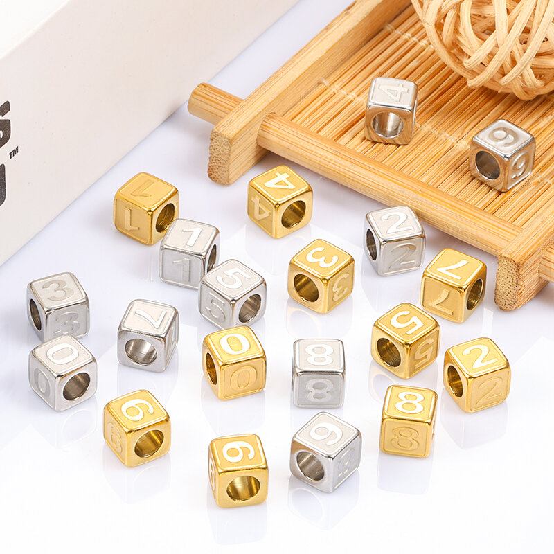 Cuentas cuadradas de acero inoxidable para fabricación de joyas, accesorios de moda con número 0-9, para collar y pulsera