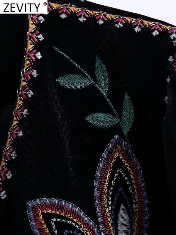 Zevity-abrigo corto Vintage con bordado de flores para mujer, chaqueta de terciopelo informal con costura abierta Retro, estilo nacional, CT100