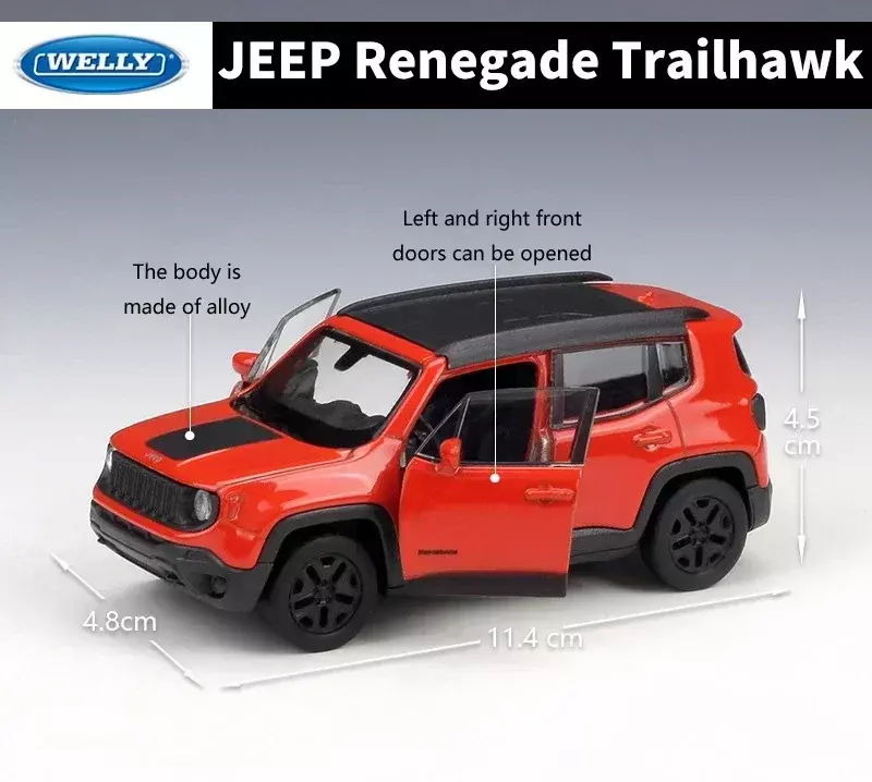 Welly-Jeep Renegade SUV Alloy Car Model, Diecasts Metal, Veículos Off-Road, Simulation Door, Pode Ser Aberto, Children's Gift, 1:36