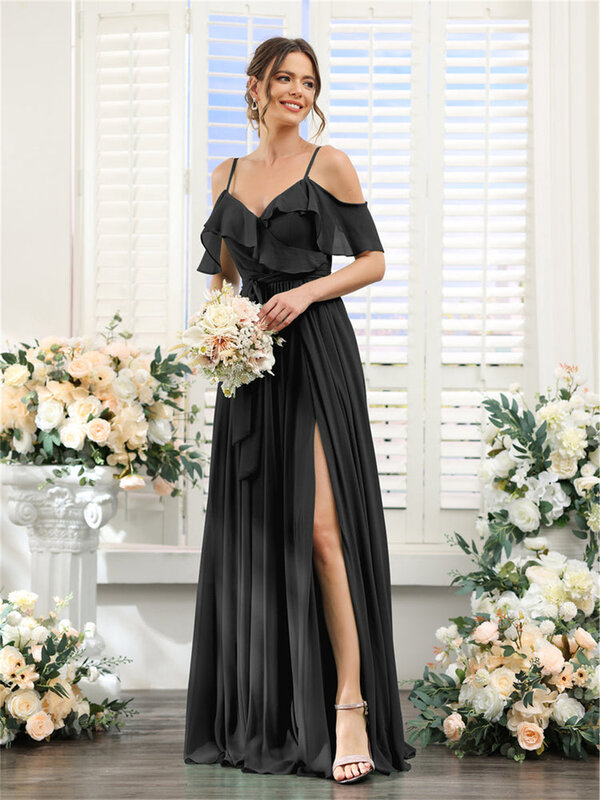 Gaun wanita Off-the-Shoulder sifon tali Spaghetti leher V, gaun pengiring pengantin dengan saku bentuk A panjang lantai gaun pesta Formal