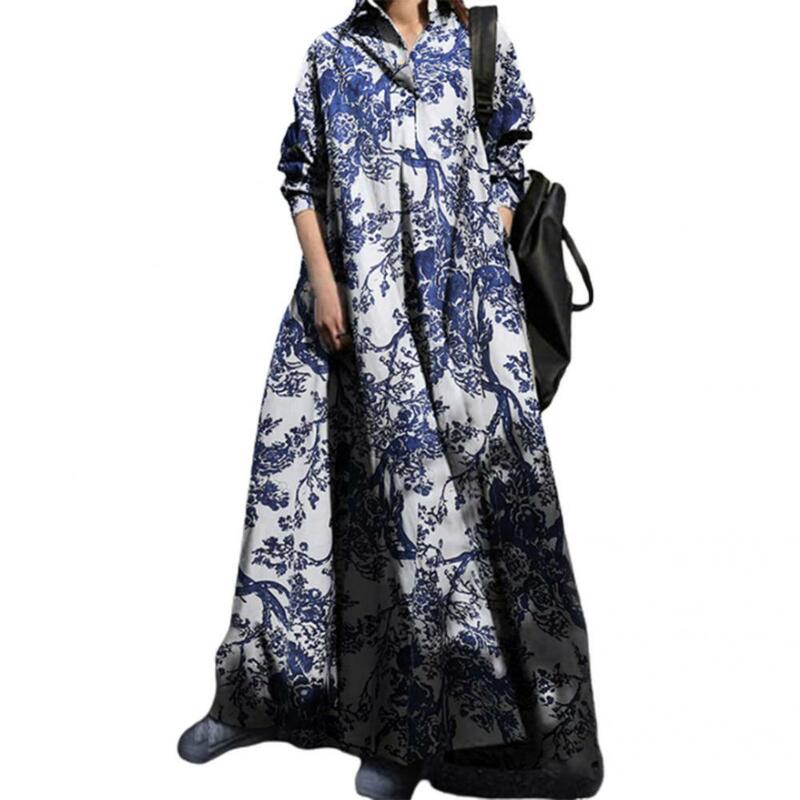 Retro Women Accessory Long Sleeve Floral Print Long Dress Women Accessory