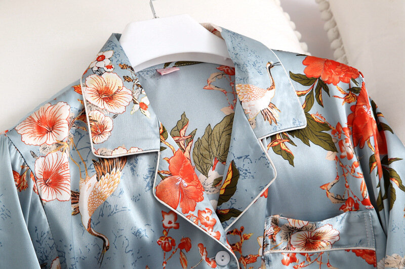 Primavera/verão impressão de duas peças terno pijamas feminino respirável confortável cardigan botão mangas compridas fino noite sono wear
