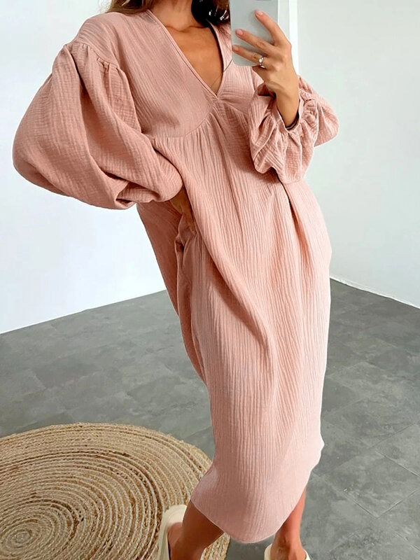 Hiloc-Camisón de algodón de media pantorrilla para mujer, vestido de noche con manga de linterna, Color sólido, cuello en V, Invierno